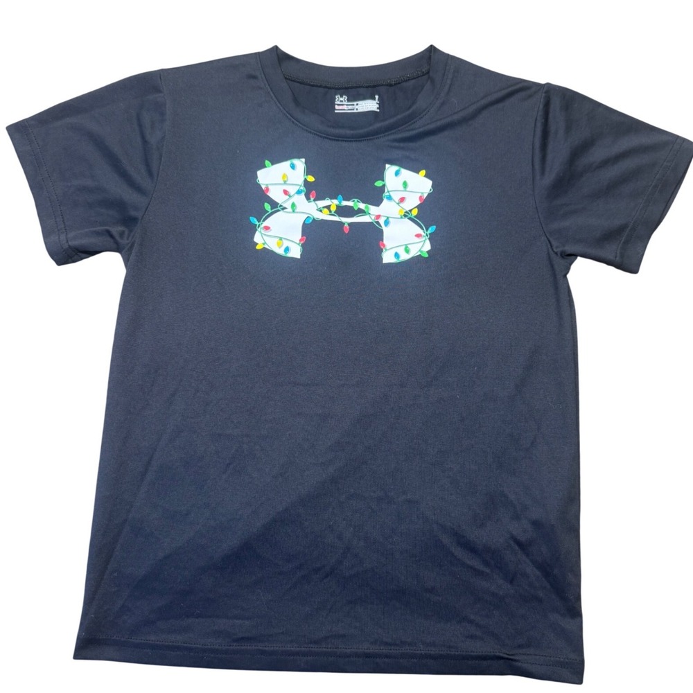 Under Armour Kids Black HeatGear Christmas Lights Graphic T-Shirt Size 7